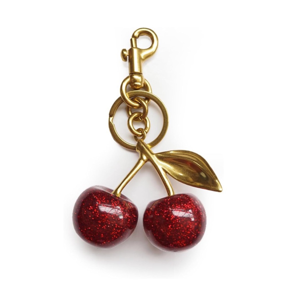 Red Cherry Keychain Bag Charm with Gold Accents